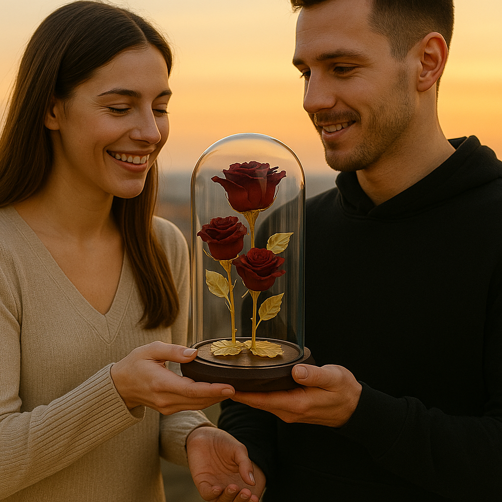 Premium 3 Zlatne ruže u staklenom zvonu - Nova Kolekcija